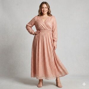 Kate & Lily Metallic Pink Shimmer Maxi Dress Size 14 Faux Wrap Long Sleeve Boho